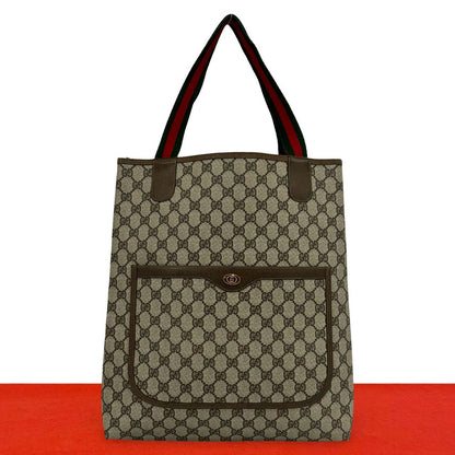 Gucci Vintage Sherry Line GG Logo Print Leather Tote Shoulder Bag Brown