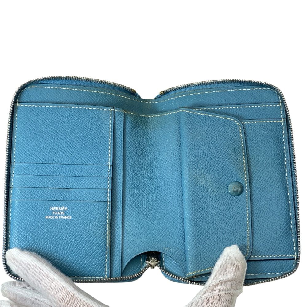 Hermes Azap Vertical Round Zip Wallet Compact Epsom Leather Blue Jean Capacity — view 6