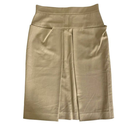 Hermes Tight Skirt Front Pleated Knee Length Wool Beige Business