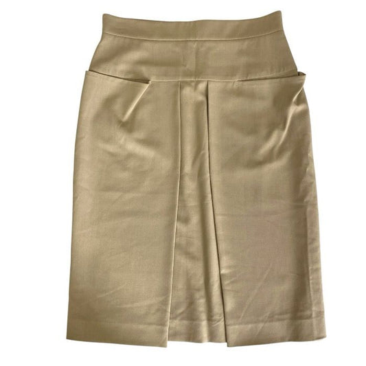 Hermes Tight Skirt Front Pleated Knee Length Wool Beige Business