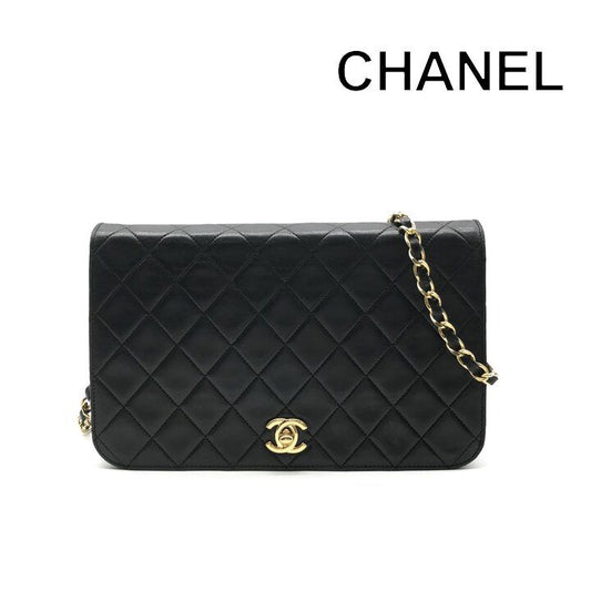Chanel CC Logo Chain Shoulder Bag Turnlock Full Flap Lambskin Black