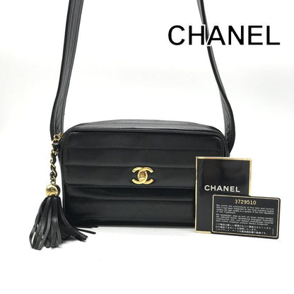 Chanel Shoulder Bag Turnlock Vintage CC Logo Fringe Tassel Black