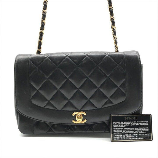 Chanel CC Logo Diana Quilted Lambskin Chain Shoulder Bag Crossbody Black