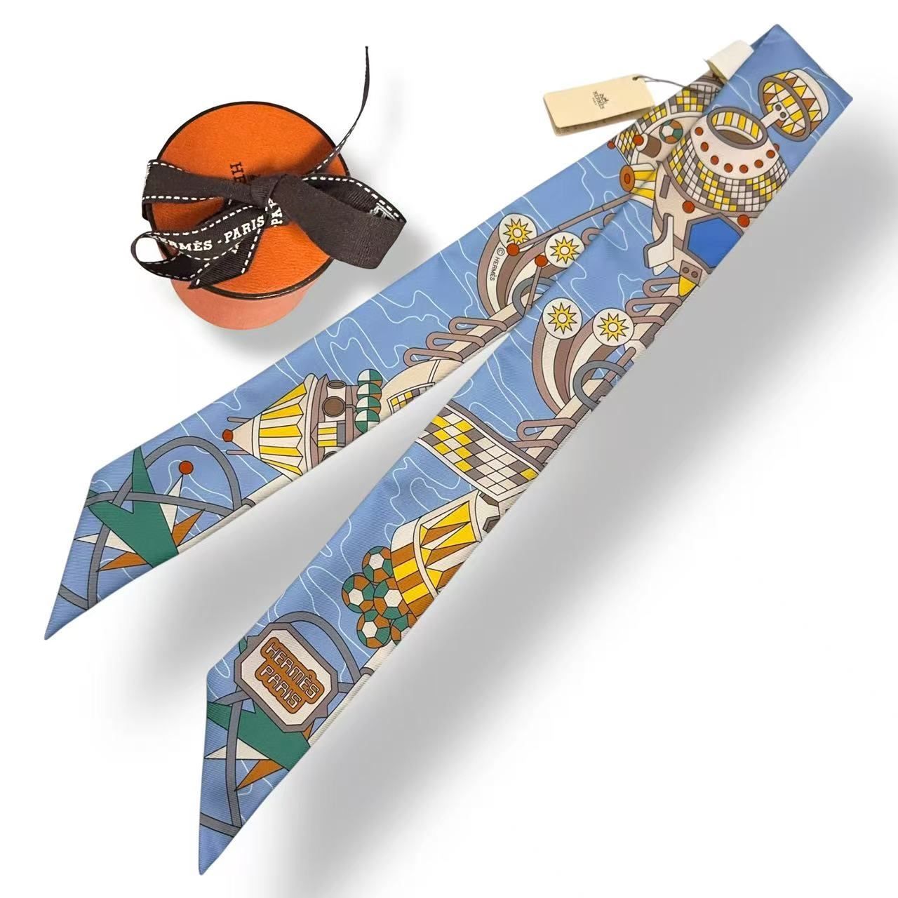 Hermes Twilly Scarf Silk Bandana All Over Pattern Logo Blue