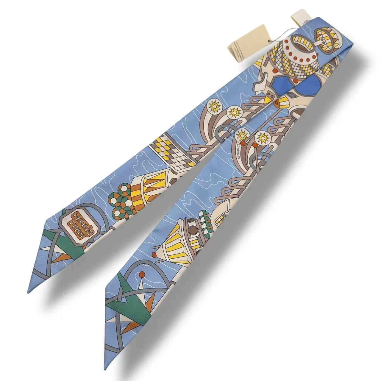 Hermes Twilly Scarf Silk Bandana All Over Pattern Logo Blue — view 2