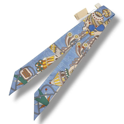 Hermes Twilly Scarf Silk Bandana All Over Pattern Logo Blue — view 2