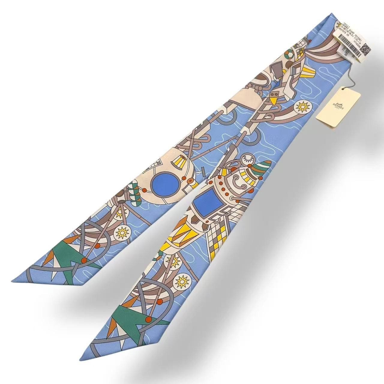 Hermes Twilly Scarf Silk Bandana All Over Pattern Logo Blue — view 2