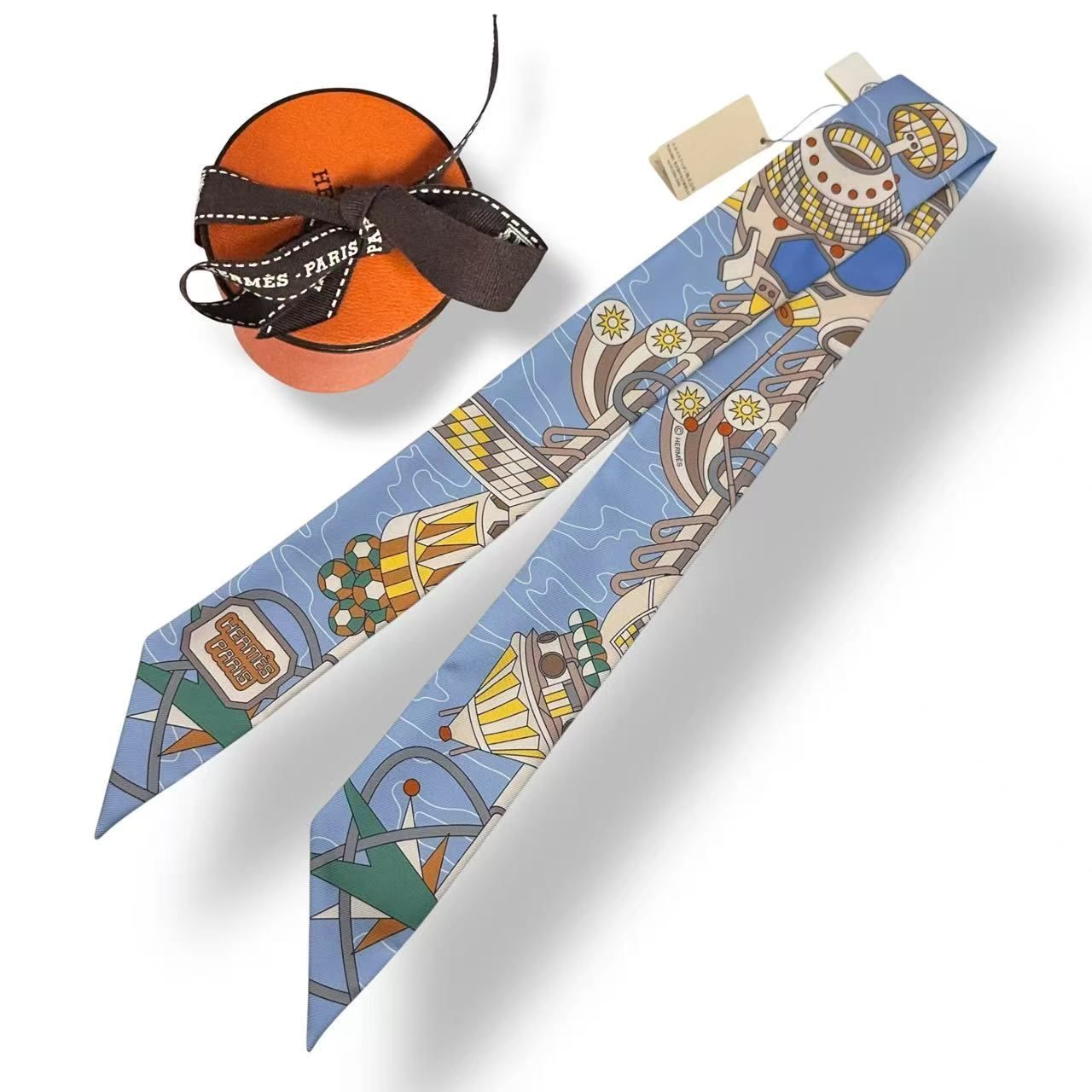 Hermes Twilly Scarf Silk Bandana All Over Pattern Logo Blue