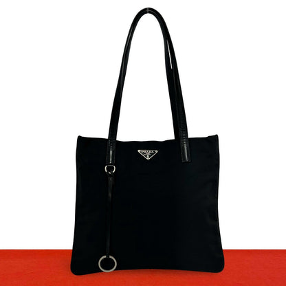 Prada Nylon Leather Tote Shoulder Bag Black