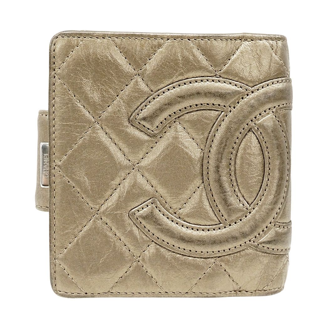 Chanel Wallet Bifold Cambon Leather Gold Silver Compact Quilted Adult