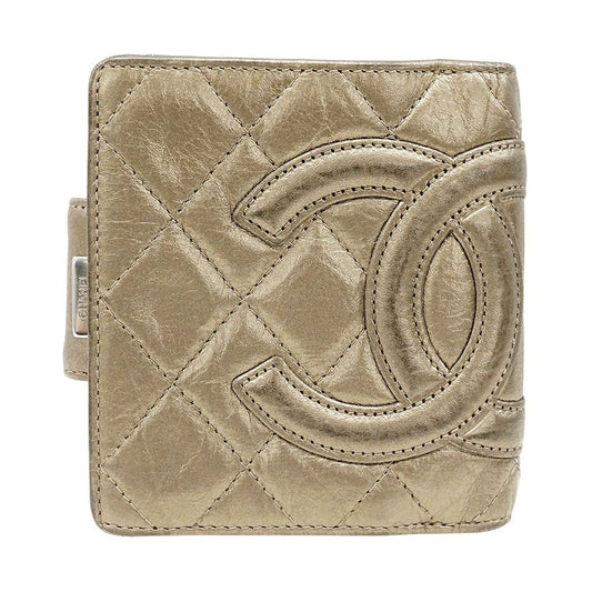 Chanel Wallet Bifold Cambon Leather Gold Silver Compact Quilted Adult