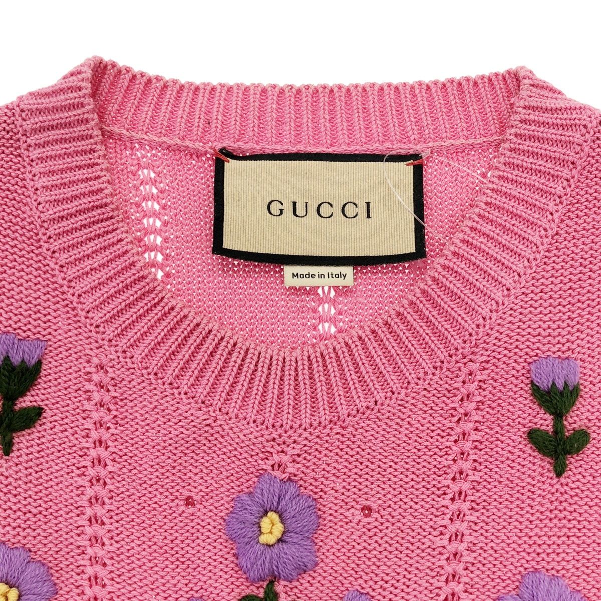Gucci Flower Embroidery Puff Sleeve Knit Sweater Pink XS — view 4