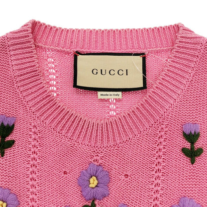 Gucci Flower Embroidery Puff Sleeve Knit Sweater Pink XS — view 4