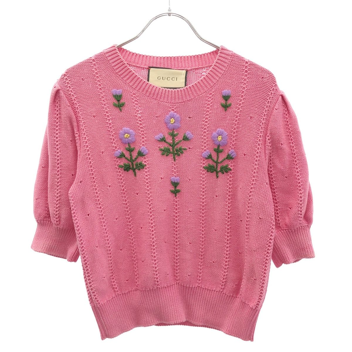 Gucci Flower Embroidery Puff Sleeve Knit Sweater Pink XS