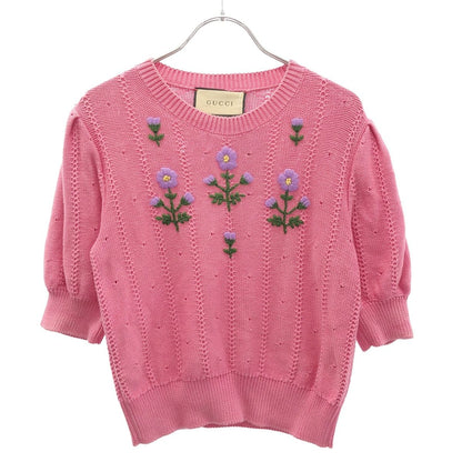 Gucci Flower Embroidery Puff Sleeve Knit Sweater Pink XS