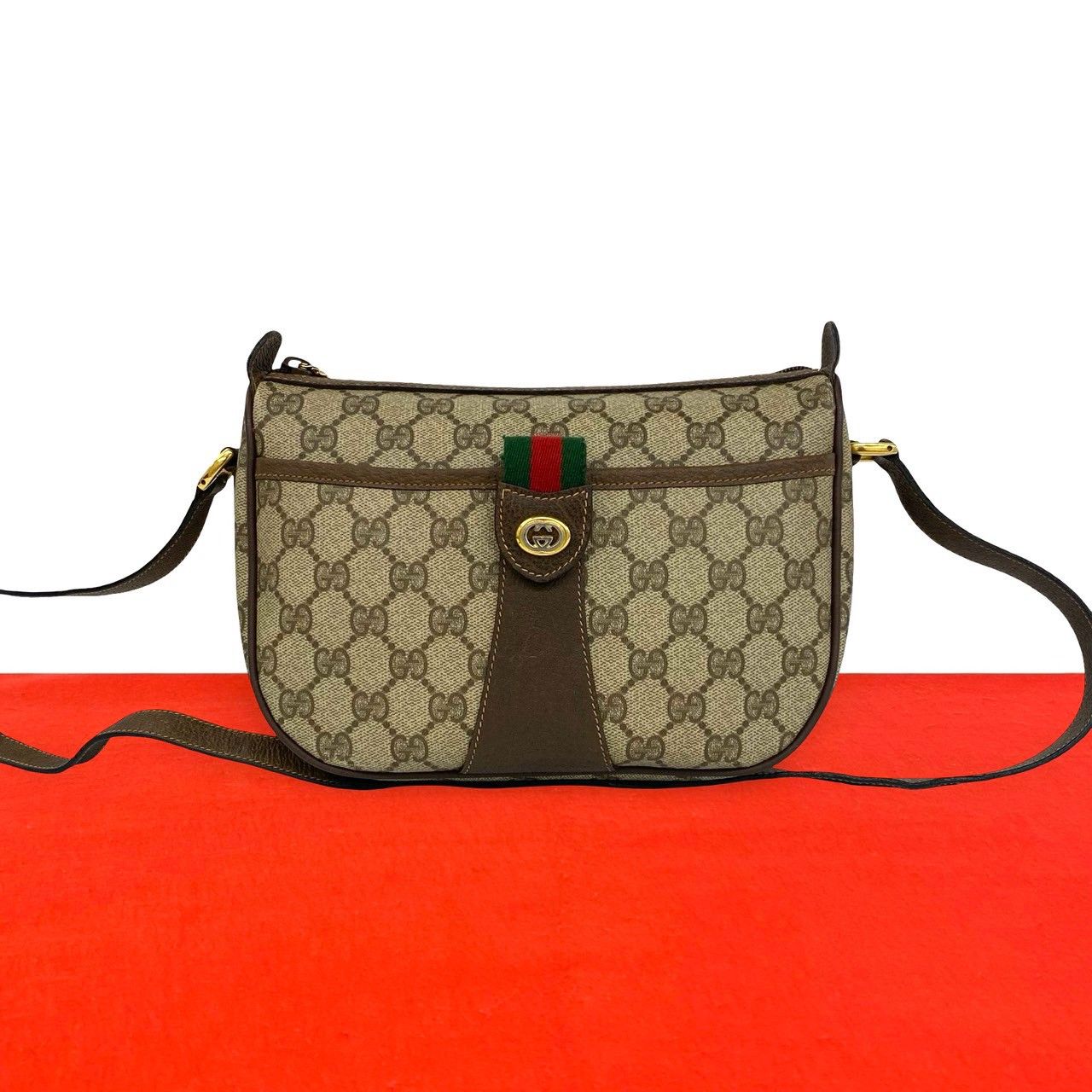 Gucci Vintage Sherry Line GG Logo Leather Shoulder Bag Sacoch Brown