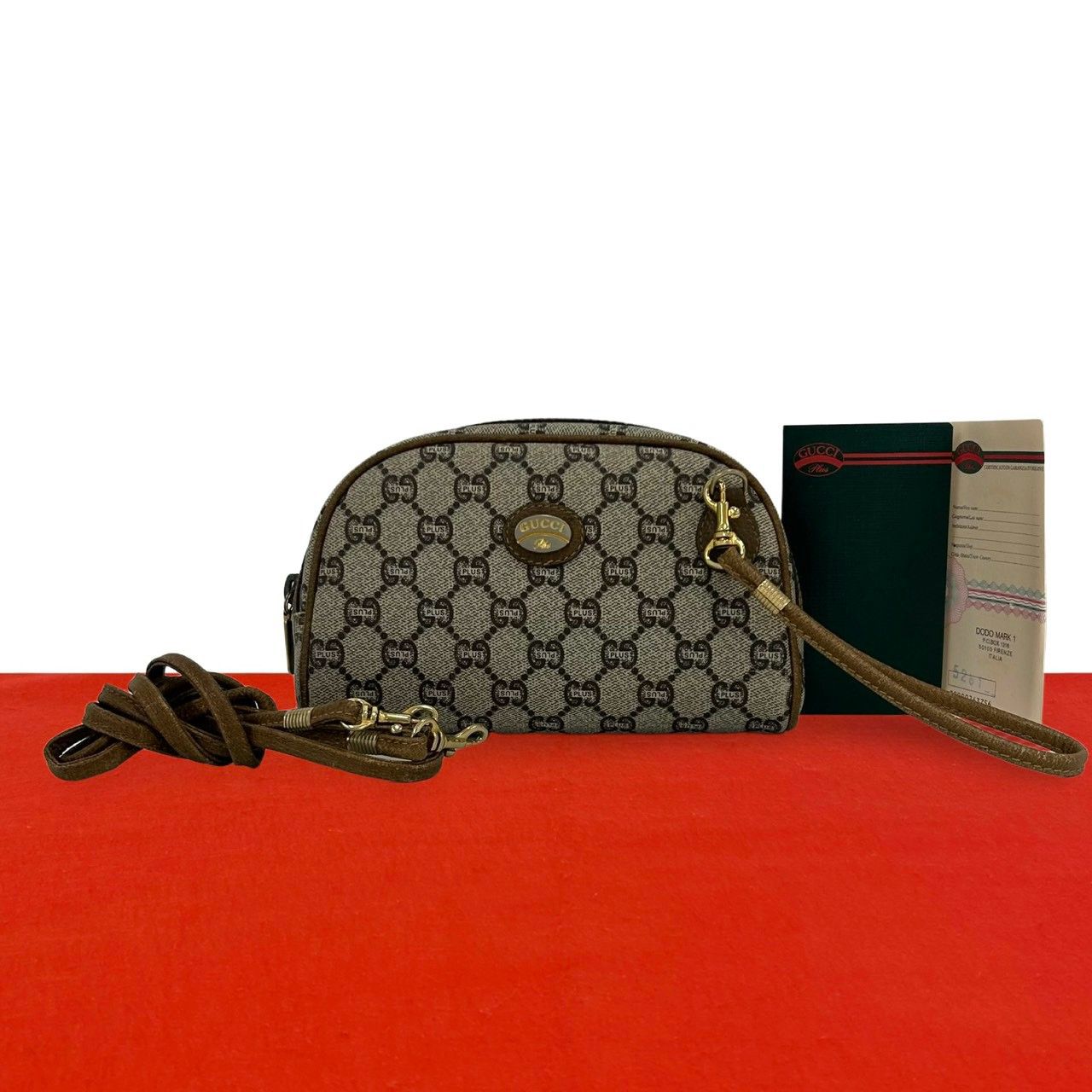 Gucci Vintage Plus Logo Leather 2-Way Shoulder Bag Mini Clutch Brown