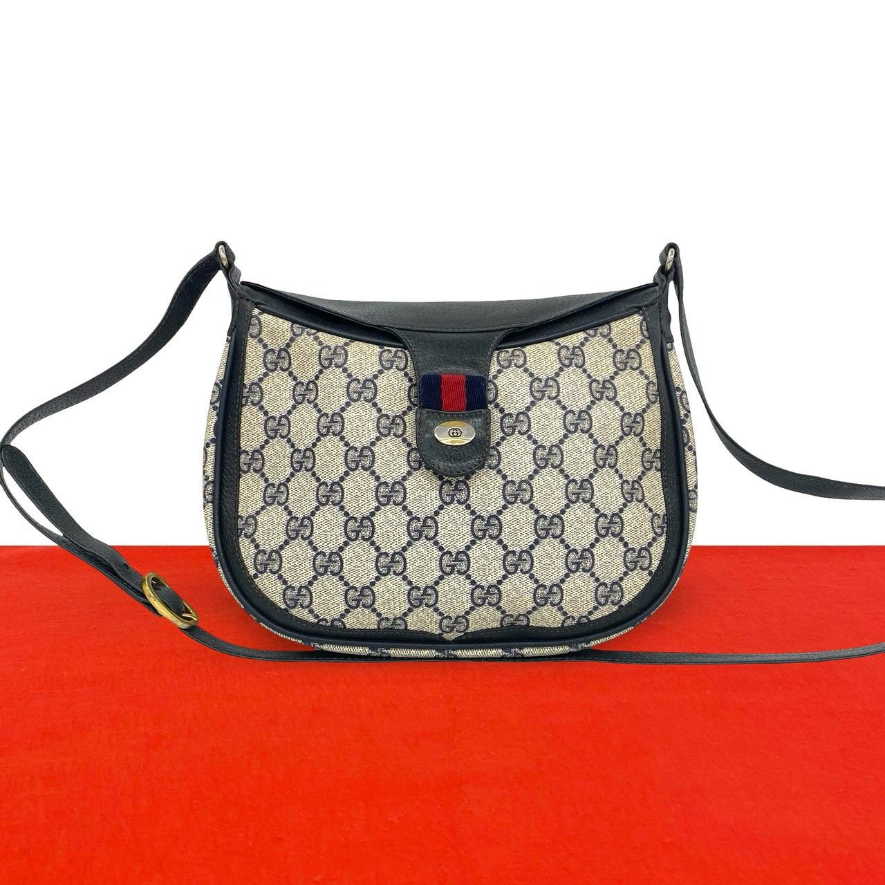 Gucci Vintage Sherry Line GG Logo Leather Shoulder Bag Sacoch Navy