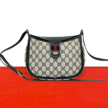 Gucci Vintage Sherry Line GG Logo Leather Shoulder Bag Sacoch Navy