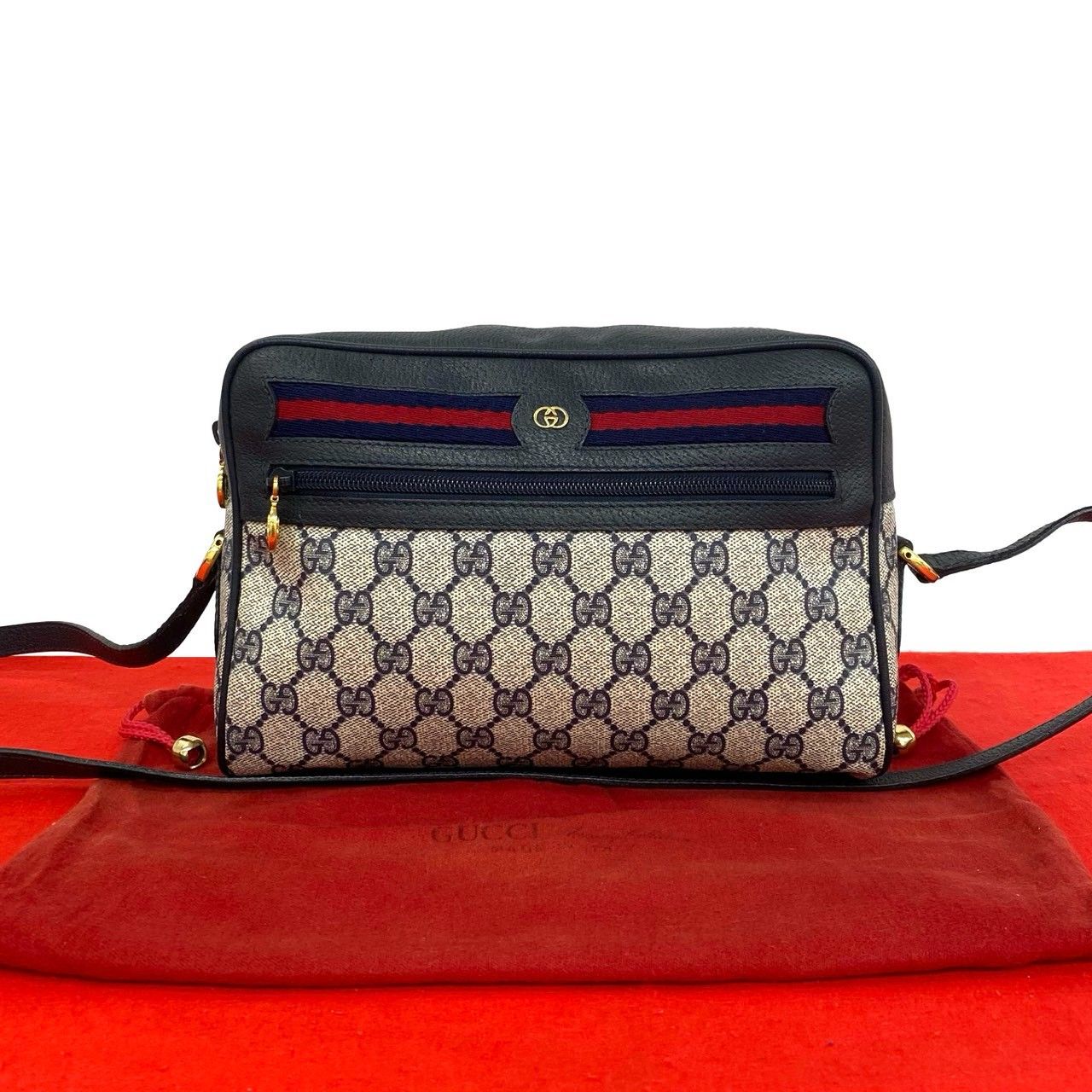 Gucci Bagged Vintage Sherry Line GG Logo Leather Shoulder Bag Crossbody Navy