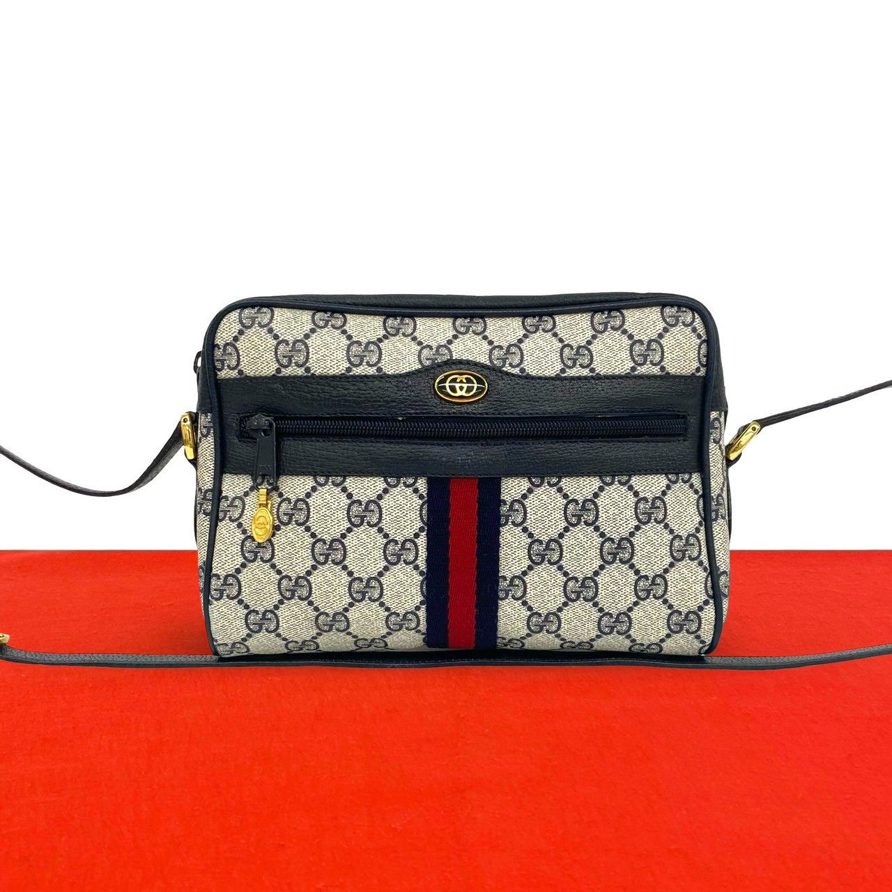 Gucci Vintage Sherry Line GG Logo Leather Shoulder Bag Crossbody Navy