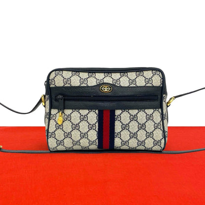 Gucci Vintage Sherry Line GG Logo Leather Shoulder Bag Crossbody Navy