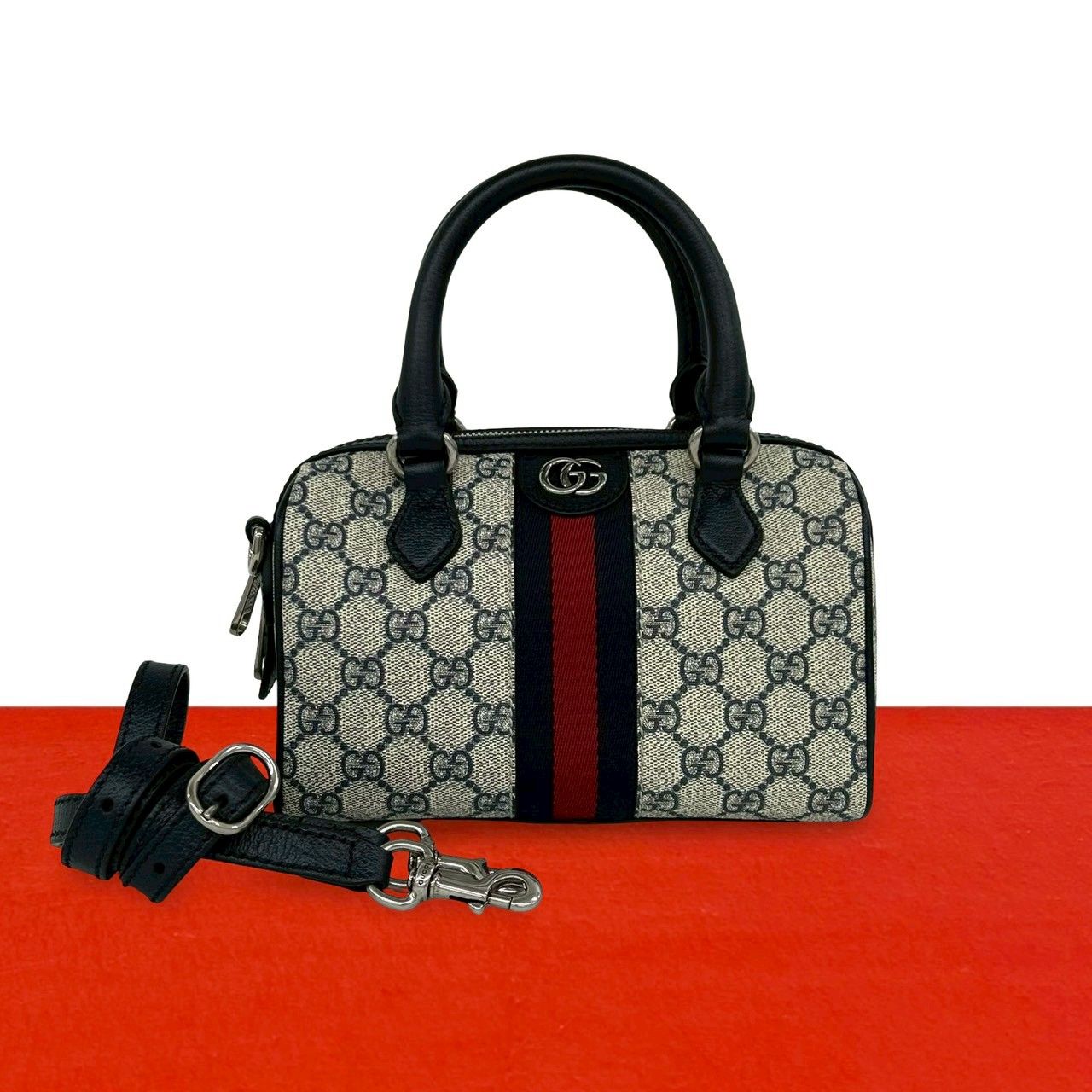 Gucci Ondia Sherry Line GG Logo Leather 2-Way Shoulder Bag Navy