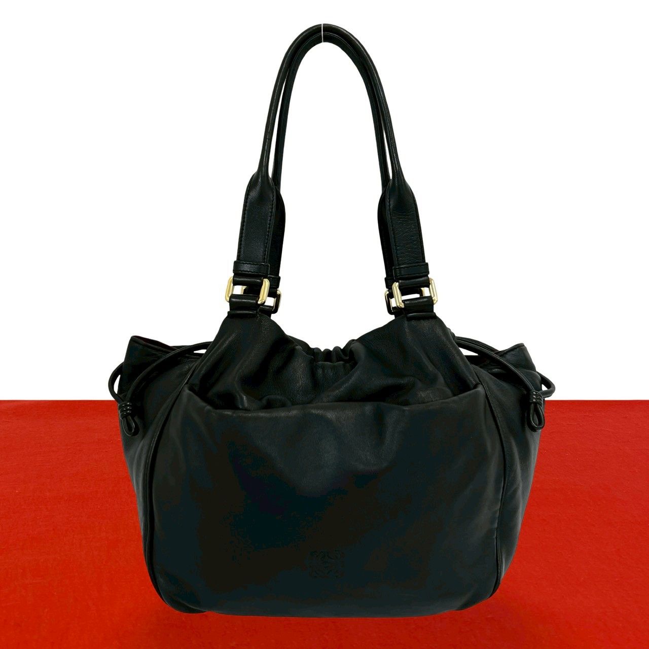 Loewe Anagram Logo Leather Drawstring Shoulder Bag Tote Black
