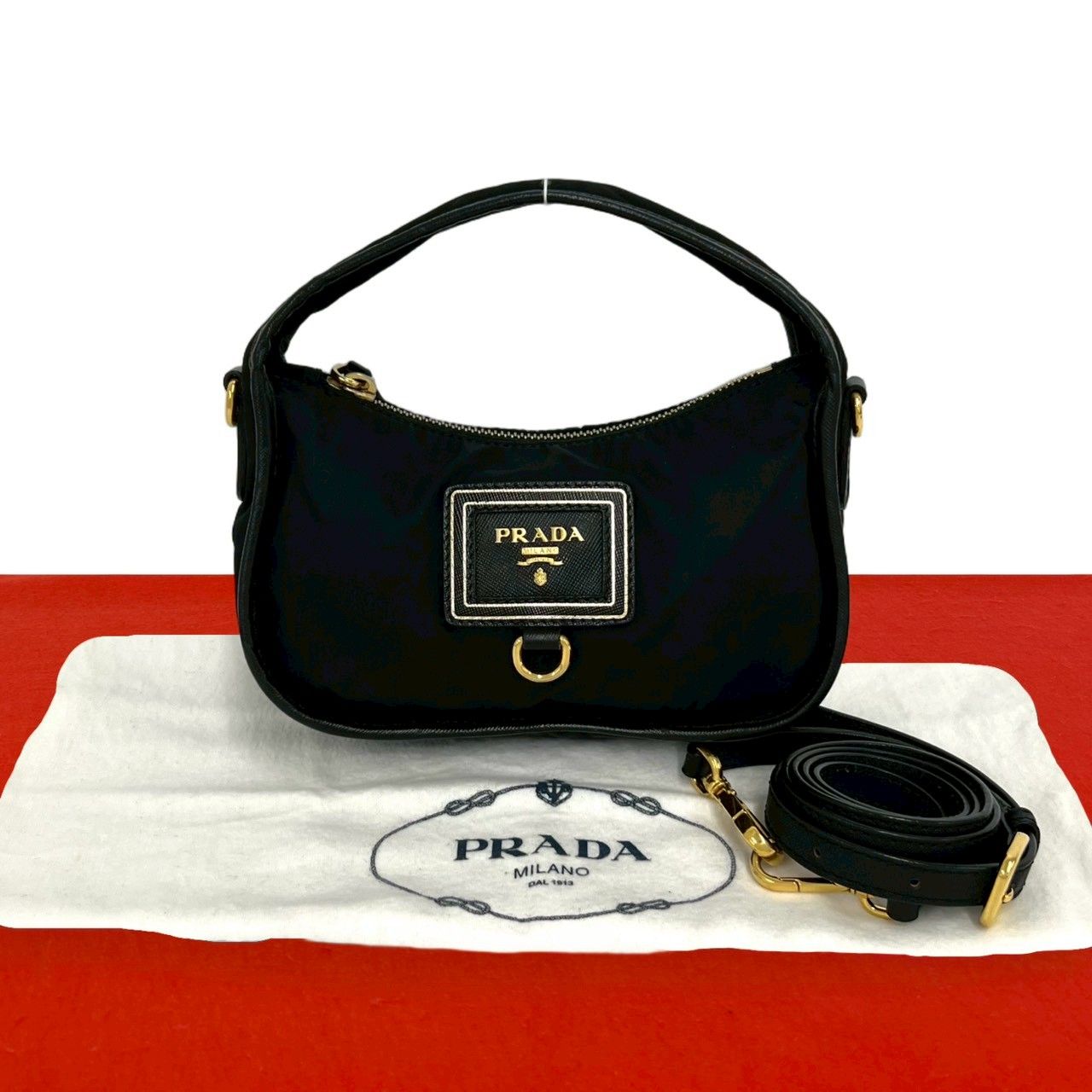 Prada Logo Tessuto Nylon Leather 2-Way Mini Shoulder Bag Black with