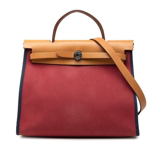 Hermes Herbag Zip PM 2-Way Shoulder Bag Red Navy Canvas Leather