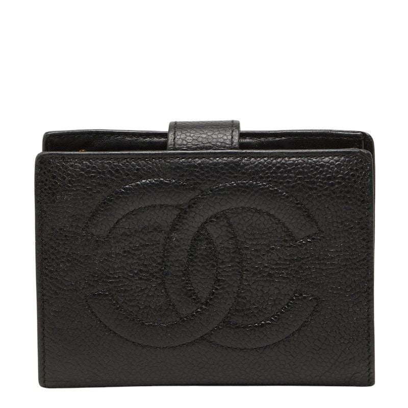 Chanel CC Logo Bifold Wallet Kiss Lock Coin Purse Black Caviar Leather
