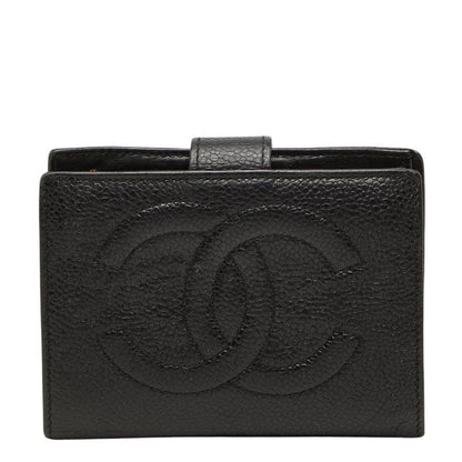 Chanel CC Logo Bifold Wallet Kiss Lock Coin Purse Black Caviar Leather