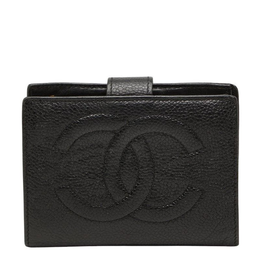 Chanel CC Logo Bifold Wallet Kiss Lock Coin Purse Black Caviar Leather