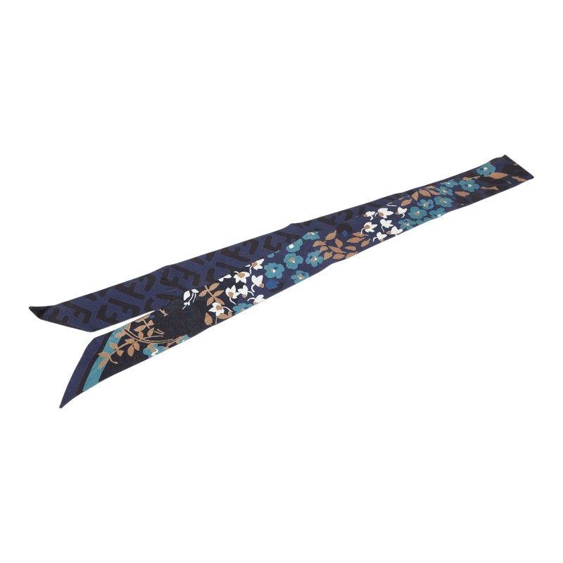 Fendi FF Logo Rappy Flower Motif Scarf Navy Multicolor Silk
