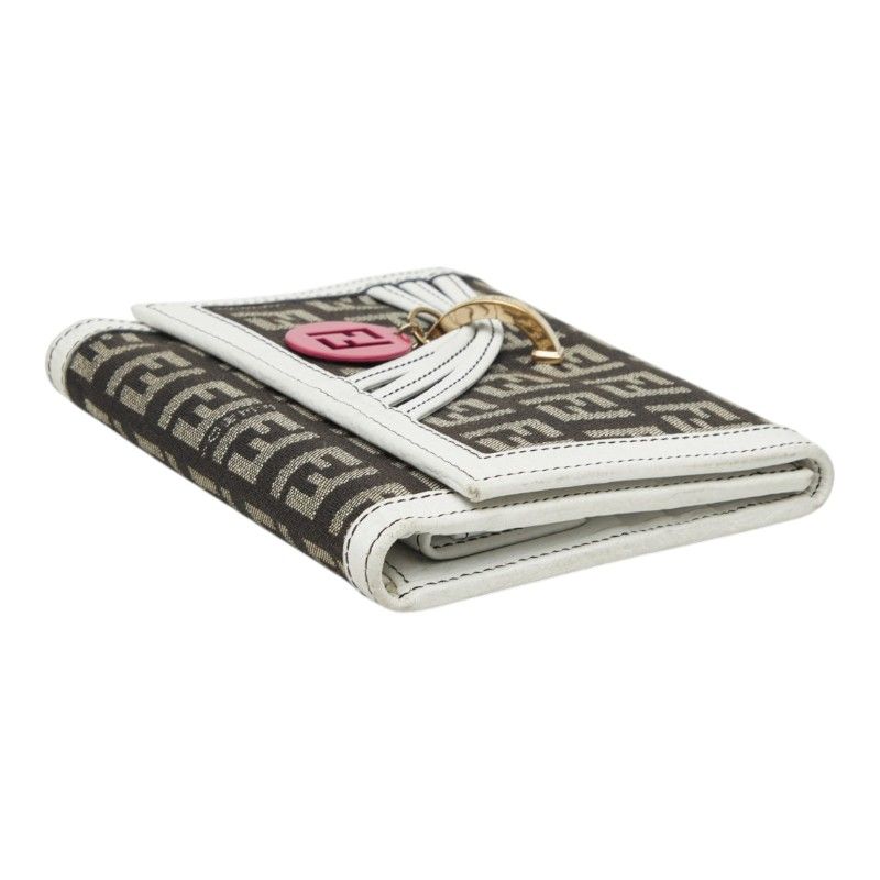 Fendi Zucchino Logo Charm Trifold Wallet White Brown Canvas Leather — view 4