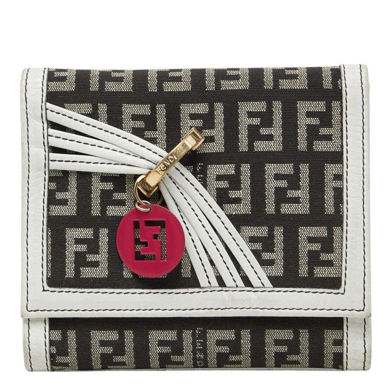 Fendi Zucchino Logo Charm Trifold Wallet White Brown Canvas Leather