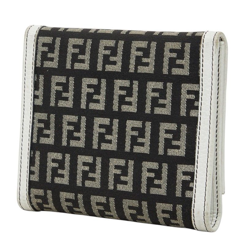 Fendi Zucchino Logo Charm Trifold Wallet White Brown Canvas Leather — view 2