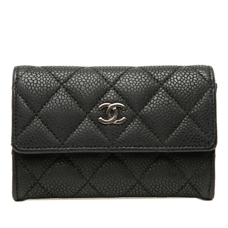 Chanel Quilted CC Logo Card Case Coin Business Holder Purse Black Caviar Leather
