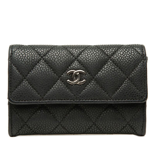 Chanel Quilted CC Logo Card Case Coin Business Holder Purse Black Caviar Leather
