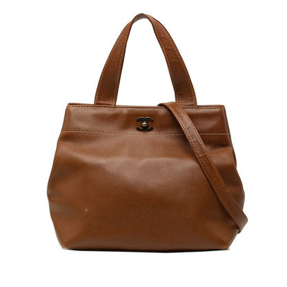 Chanel CC Logo Turnlock 2-Way Shoulder Bag Brown Caviar Leather
