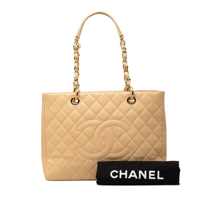 Chanel CC Logo Grand Shopping Tote GST Chain Shoulder Bag Beige Caviar Leather — view 7