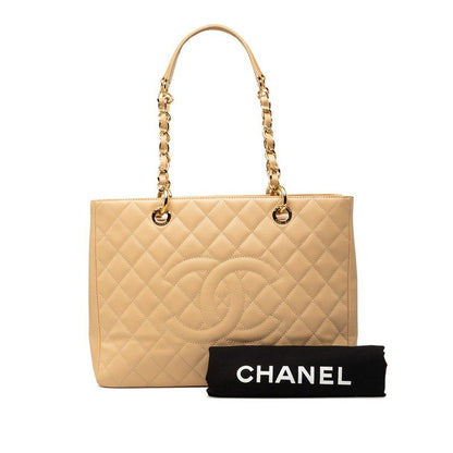 Chanel CC Logo Grand Shopping Tote GST Chain Shoulder Bag Beige Caviar Leather — view 7