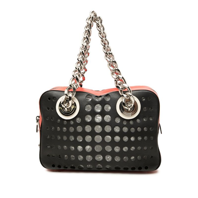 Prada City Fori Perforated Tote Black Red Leather