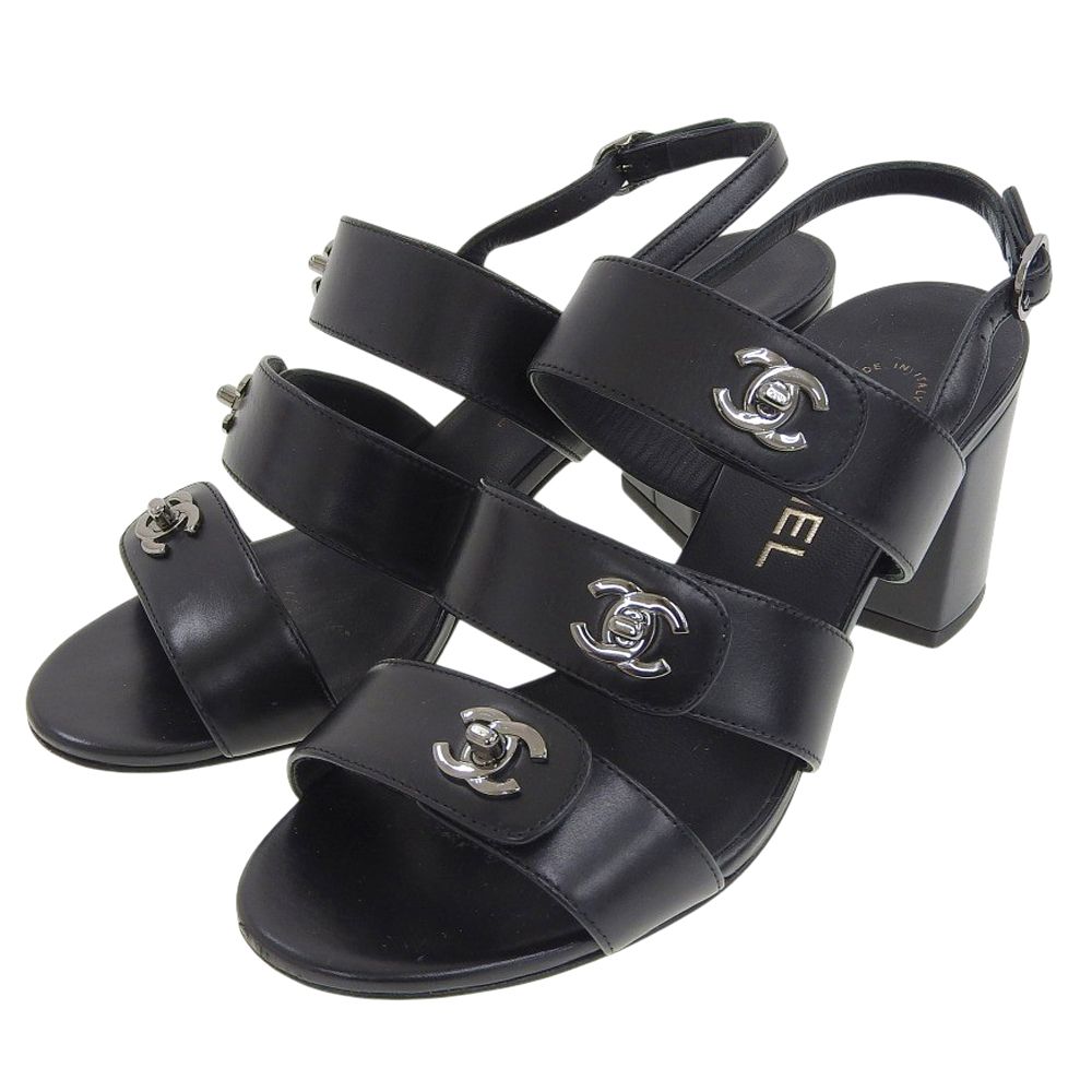 Chanel CC Logo Turnlock Back Strap Sandals Black