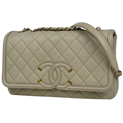 Chanel Shoulder Bag CC Filigree CC Logo Quilted Chain Caviar Leather Light Beige