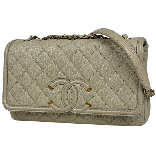 Chanel Shoulder Bag CC Filigree CC Logo Quilted Chain Caviar Leather Light Beige