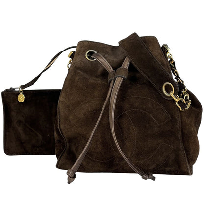Chanel Shoulder Bag CC Logo Drawstring Suede Brown