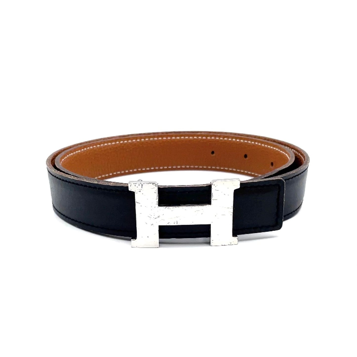 Hermes Constance Buckle Leather Metal Silver Black Belt