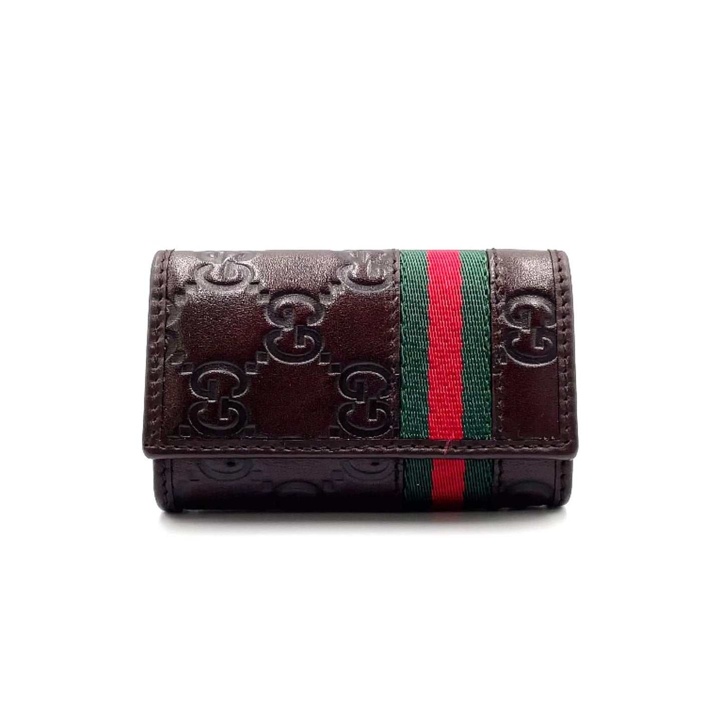 Gucci Sherry Line Leather Green Brown Red Key Case Silver Key Holder