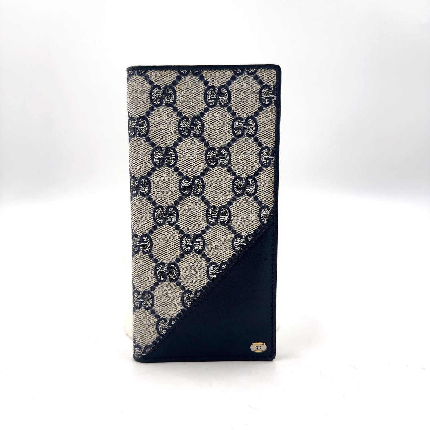 Gucci GG Leather Navy Lightgray Bi Foldlong Wallet Gold
